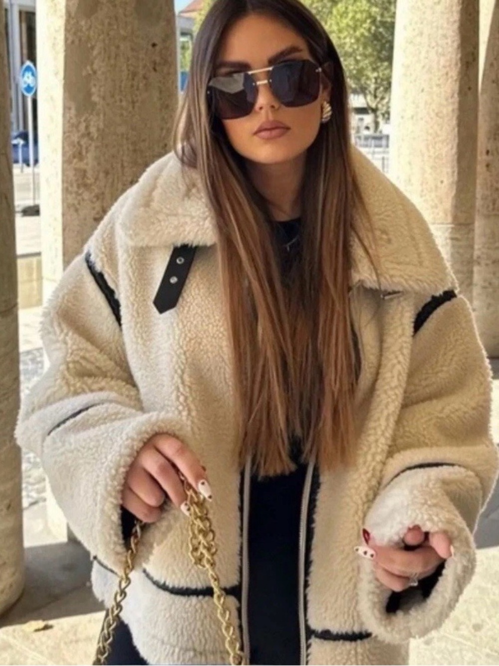 Zara Women’s Cream Sherpa Shearling Aviator biker Jacket blogger fave
